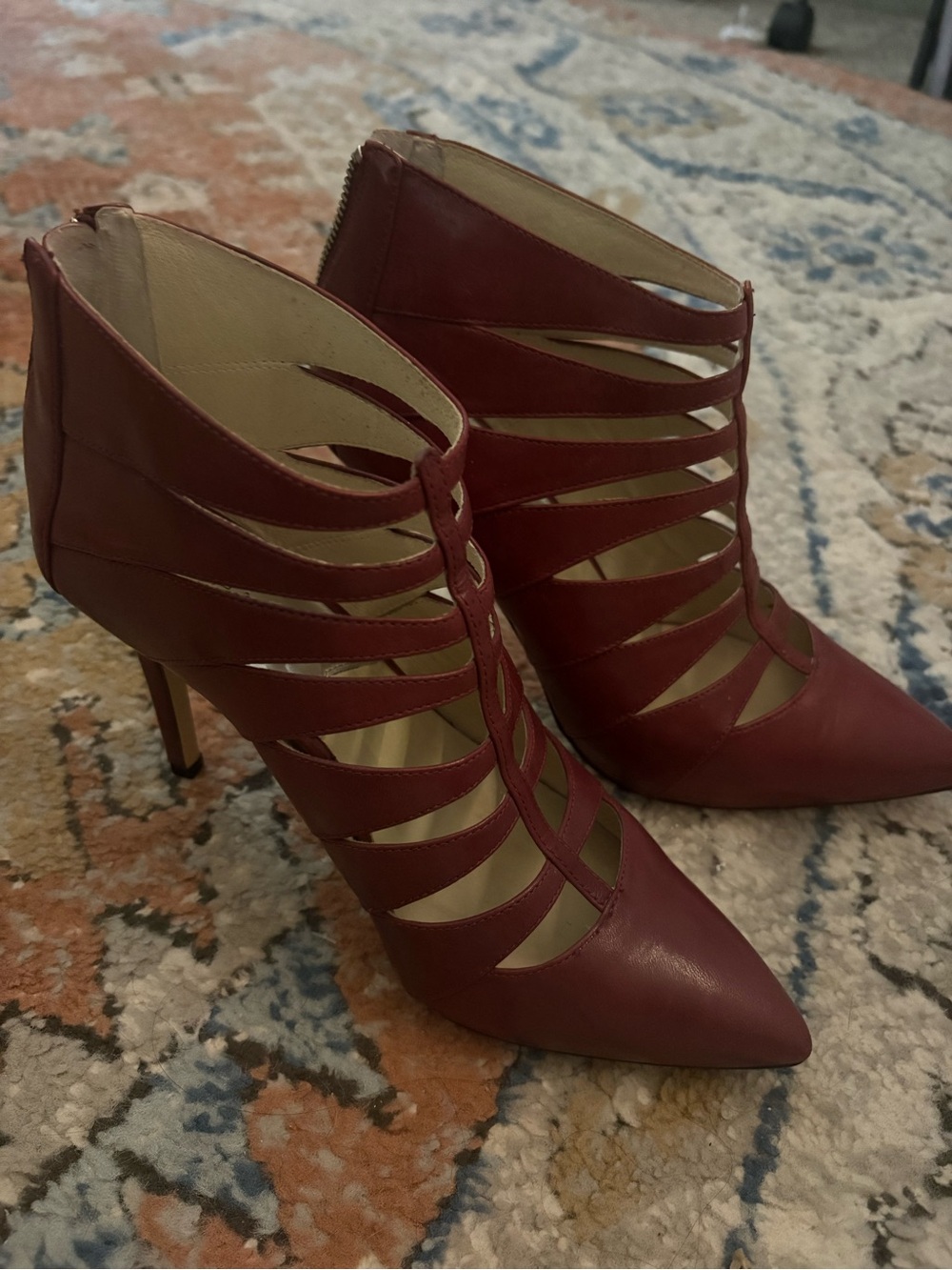 Michael Kors Burgundy Strappy Pointed-Toe High Heel Booties